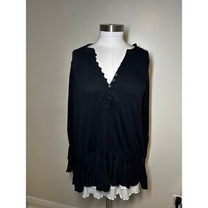 Free People Navy Ruffle Henley Thermal Long Sleeve Top Boho V-Neck